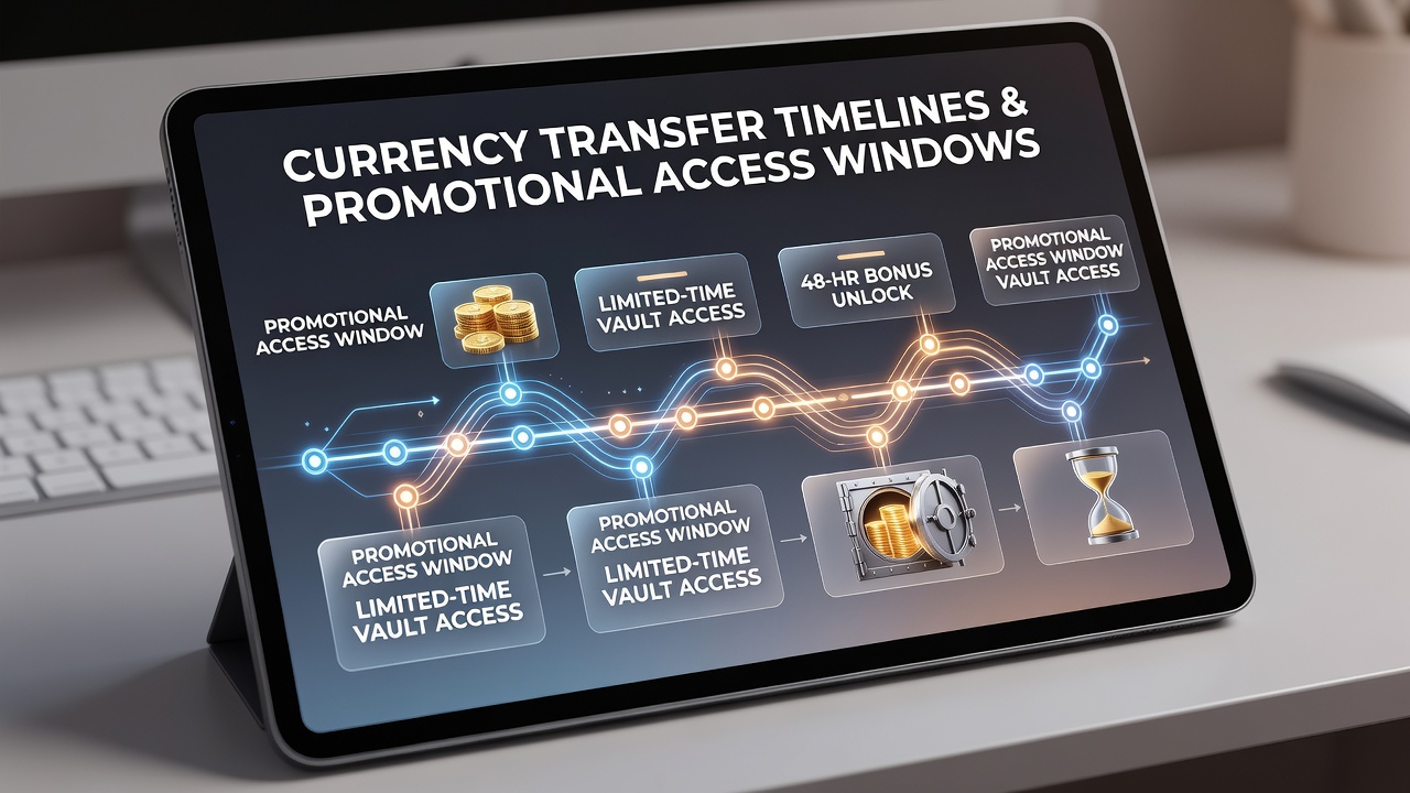 Screenshot of an app-based game dashboard displaying currency transfer status alongside active promotional countdown timers