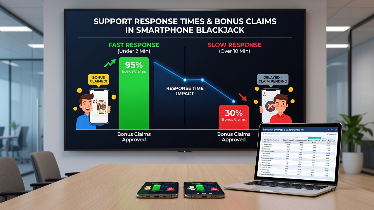 Support chat interface on a mobile device showing timestamped messages during a blackjack bonus claim discussion