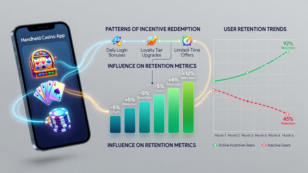 Analytics charts showing incentive redemption rates and user retention trends on handheld casino platforms