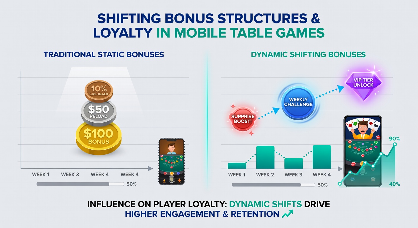 Analytics dashboard displaying player retention graphs and bonus structure impacts for mobile table games