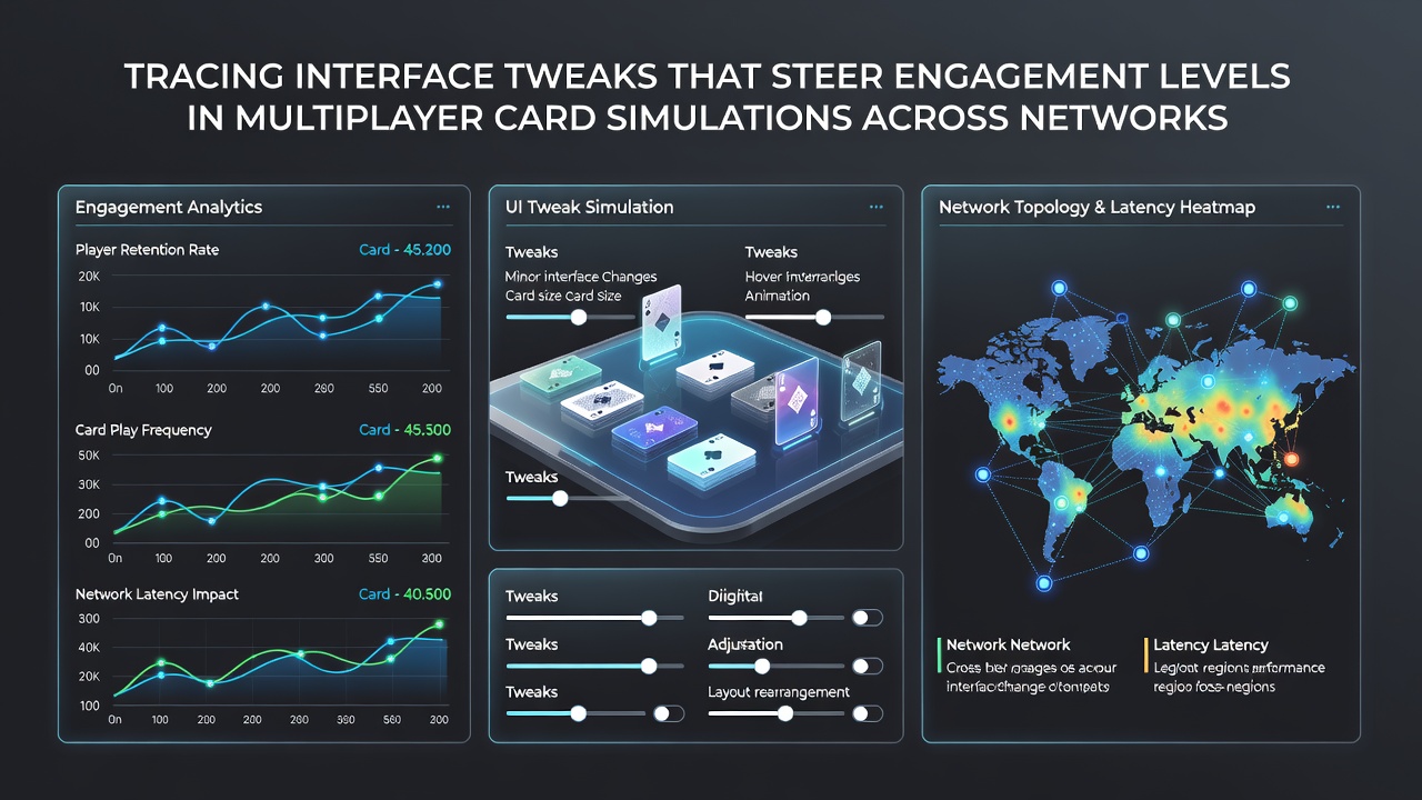Networked multiplayer card game interface showing card layouts and player dashboards on multiple screens