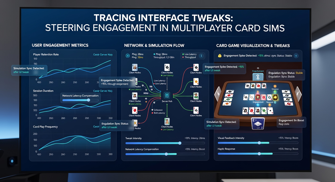 Close-up of card simulation UI elements including animations, tooltips, and network status indicators